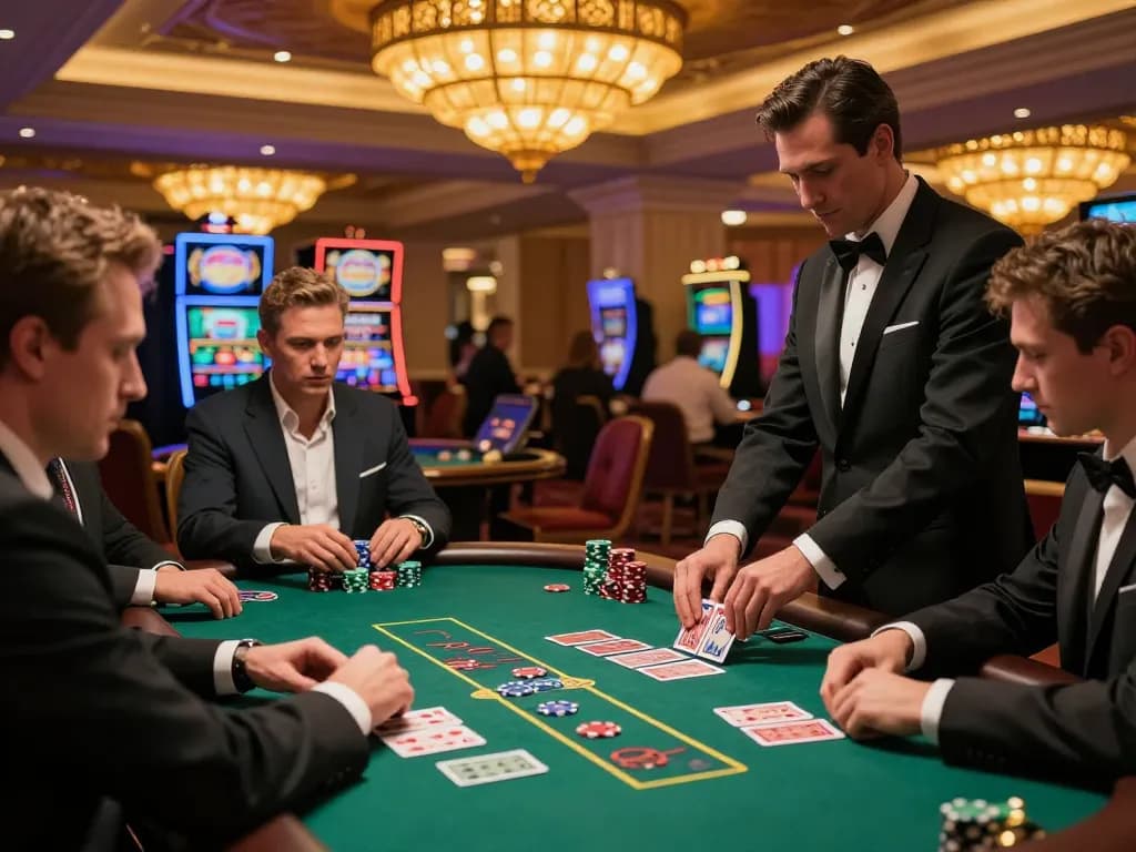 Thabet blackjack players testing their strategies at a luxurious Vegas casino table.