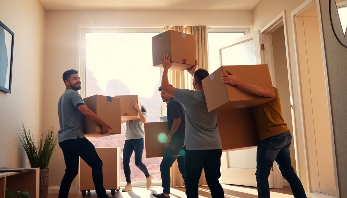 Engaged apartment movers in St George UT transporting boxes with professionalism and care.
