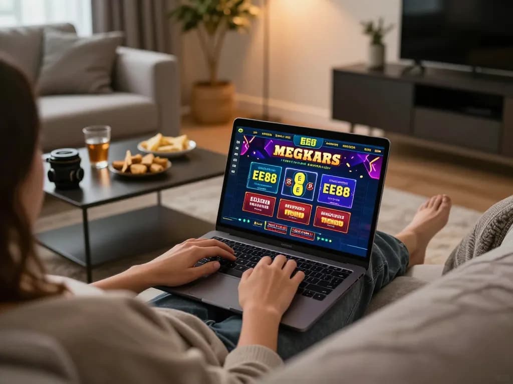 Engaging in online gambling at home with the EE88 platform in a cozy living room.