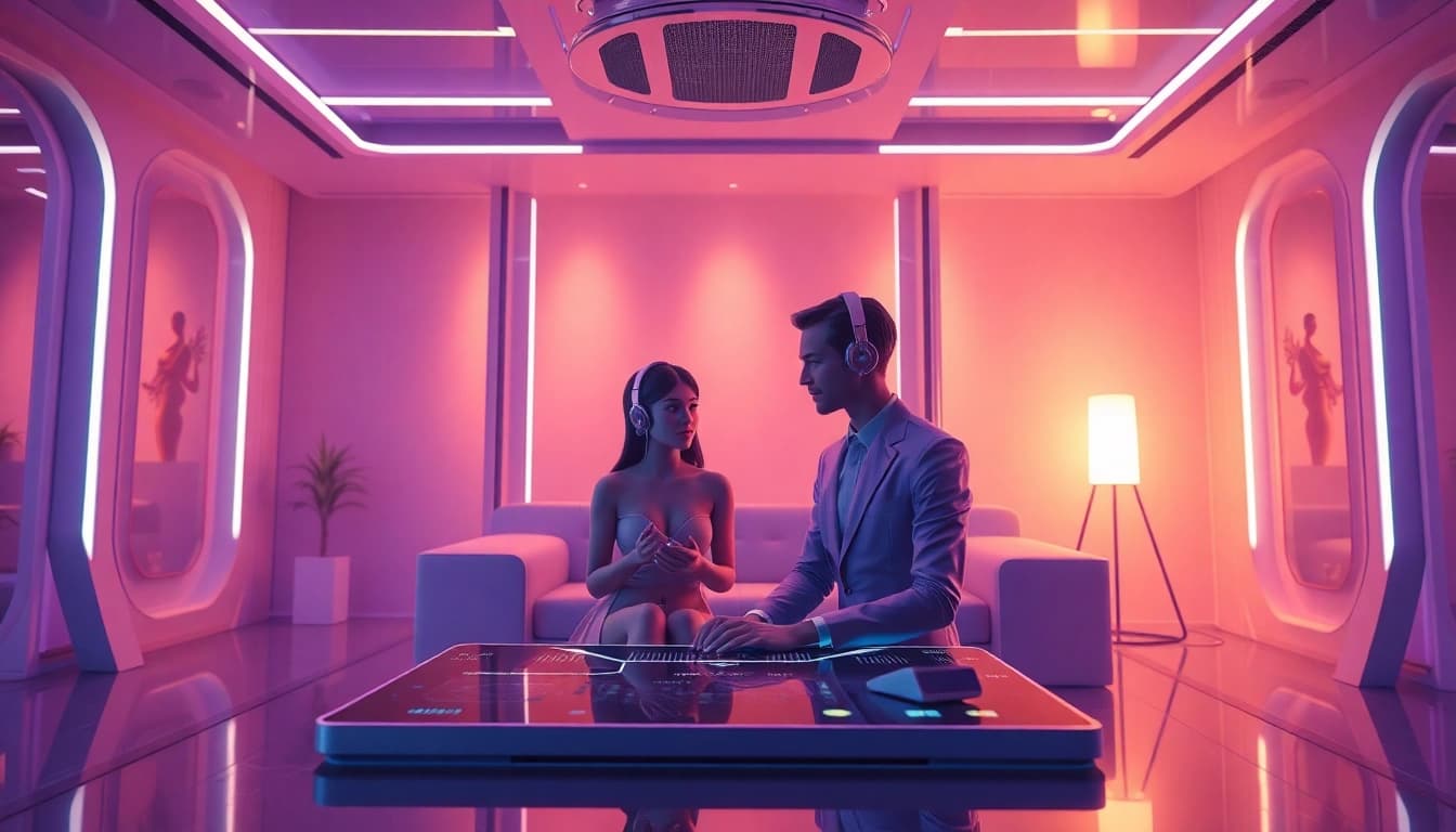 Immersive NSFW AI interaction with modern avatars in a sleek digital room.