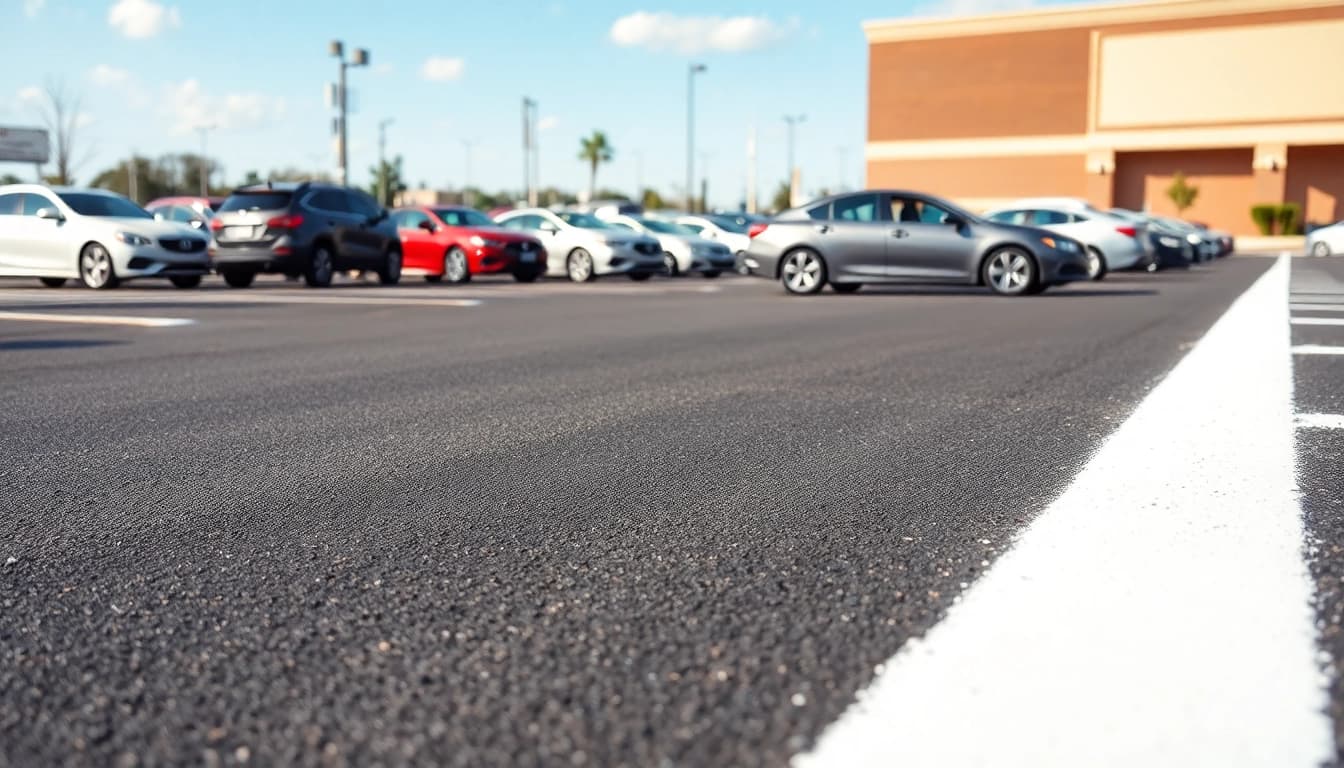 Parking lot striping Jackson Mississippi provides vibrant, freshly painted lines in a busy commercial parking lot.