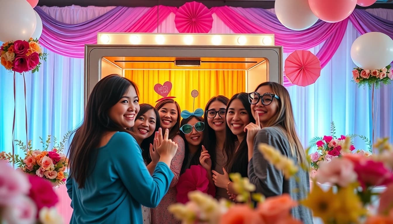 Guests enjoying a photo booth rental with fun props and a vibrant backdrop at a festive event.