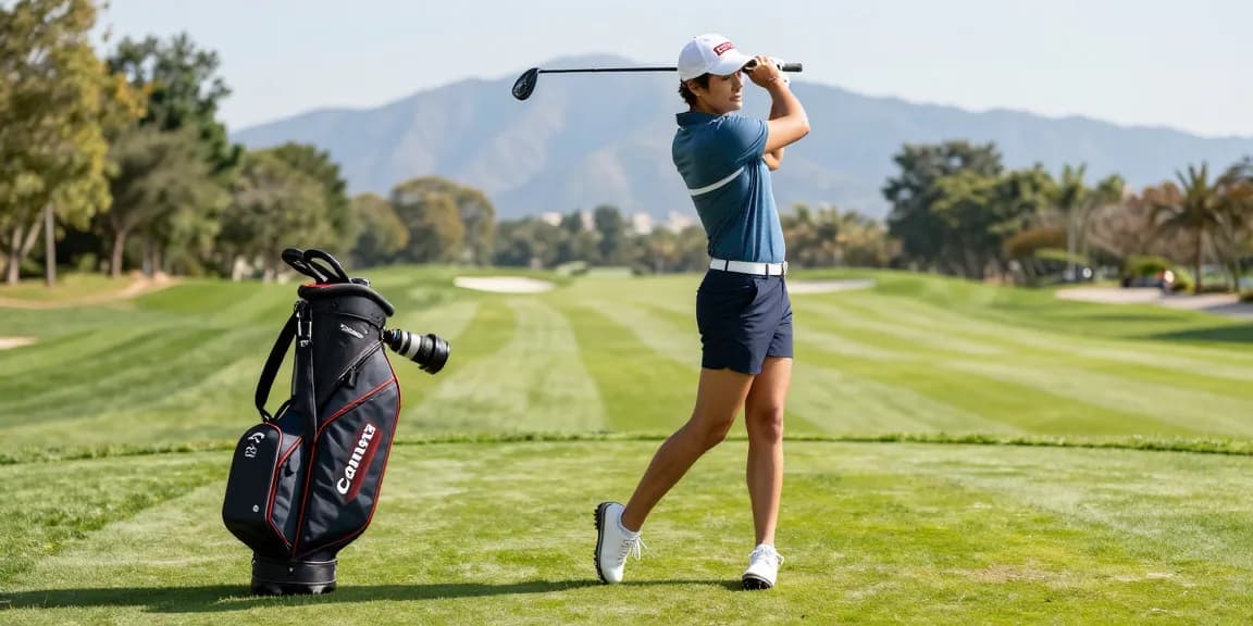 Golf enthusiast wearing stylish 골프웨어 레플리카 on a sunny course, showcasing premium accessories.