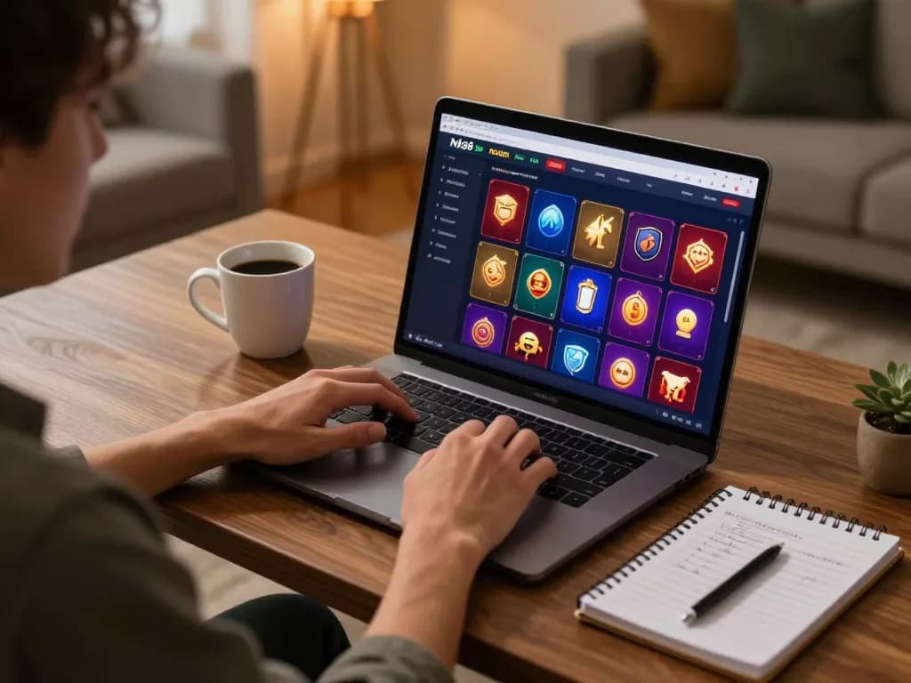 Nk88 gaming enthusiast engaged in live dealer game on a laptop at home, showcasing innovative online gambling experience