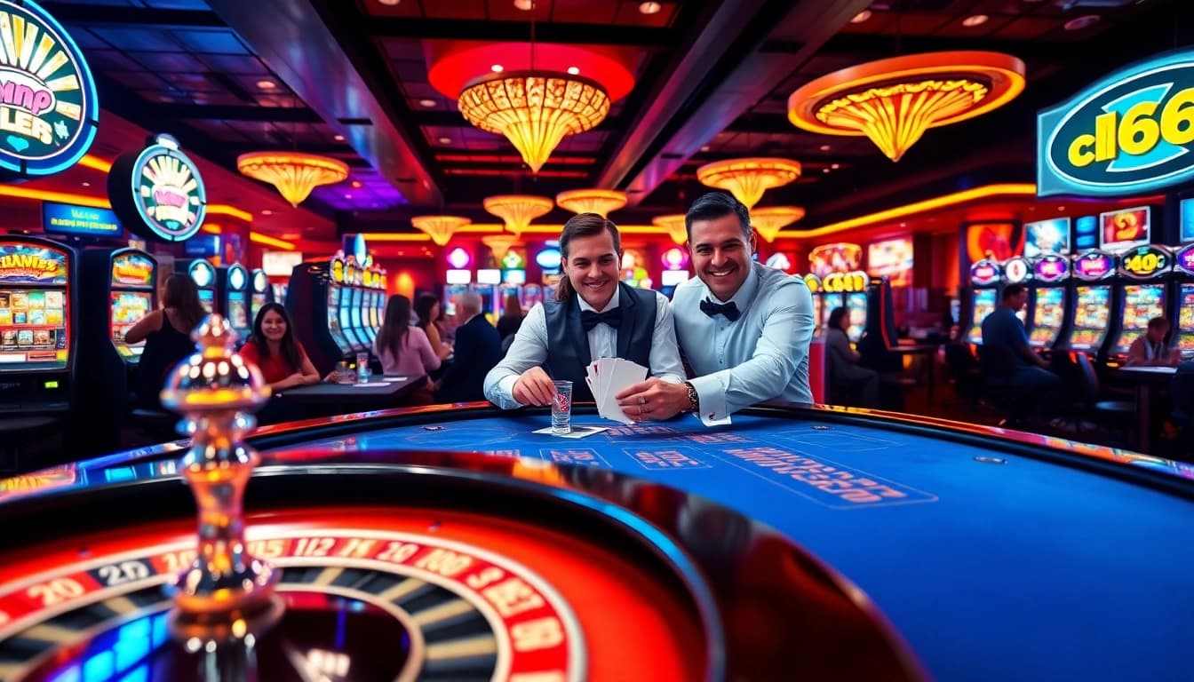 Exciting gaming experience at new66 casino with enthusiastic players at blackjack and roulette tables.