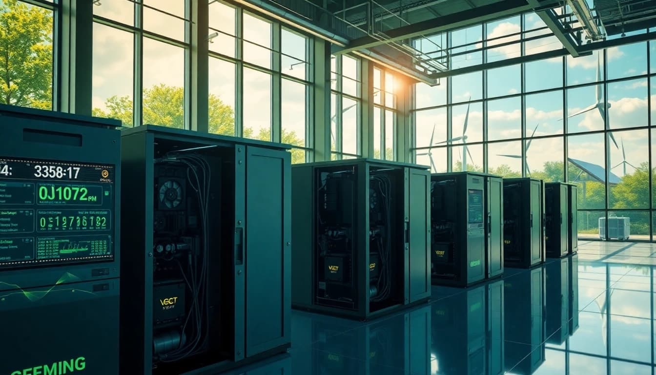 AI-driven crypto mining facility showcasing renewable energy sources and cutting-edge technology.