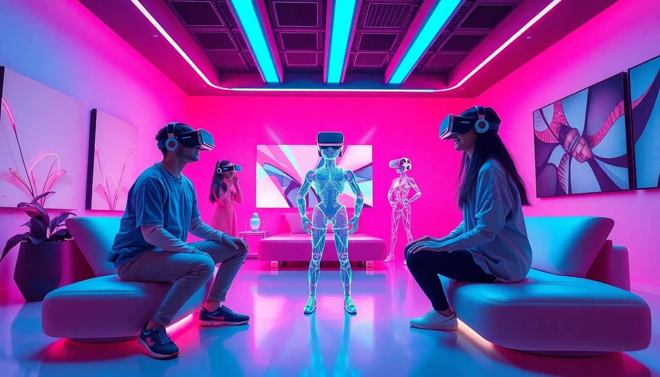 Interactive futuristic space showcasing users engaging with NSFW AI experiences using VR technology.