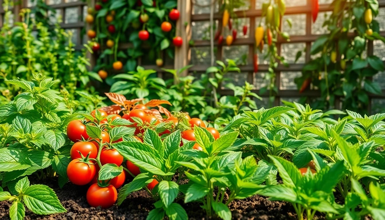 Gardening in a vibrant vegetable garden featuring fresh herbs and colorful vegetables.