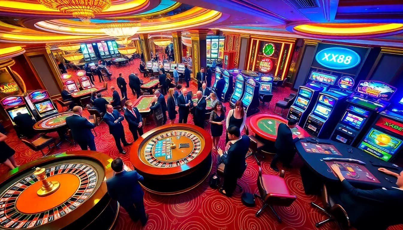 Experience thrilling moments at XX88 as players roll dice and spin slots in a lively casino setting.