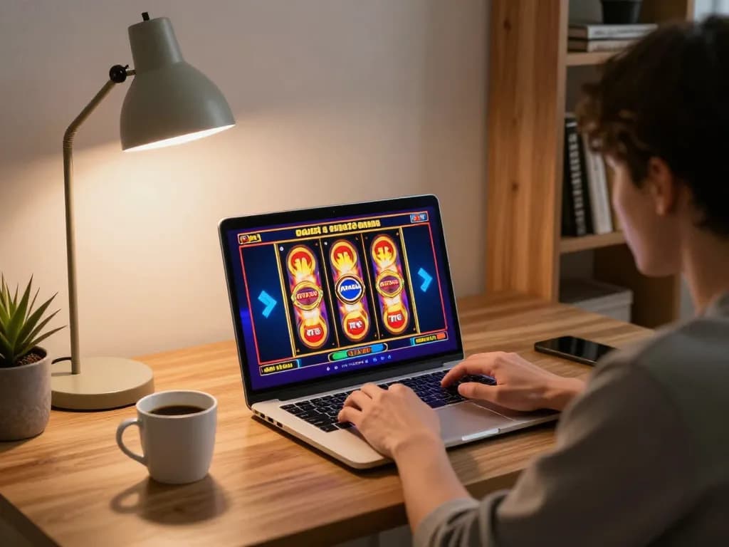 Engaging in slot gacor gampang menang online with vibrant slot graphics in a cozy home setup