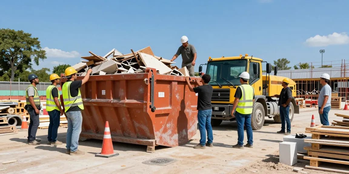 Efficient dumpster rental Pompano Beach FL at a busy construction site with contractors managing debris.