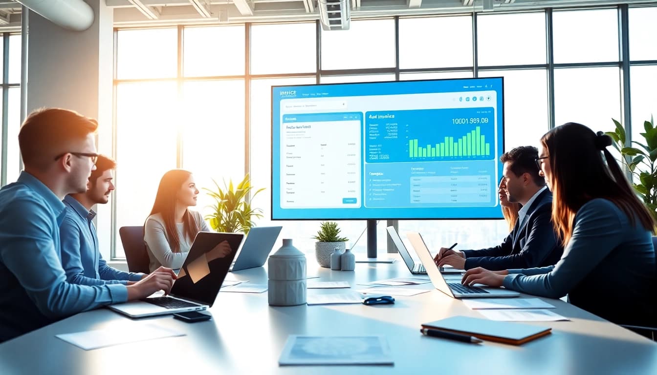 Efficient team using invoice processing software in a collaborative office environment for streamlined workflows.