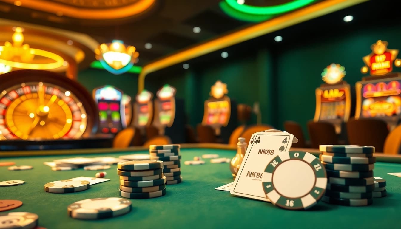 Experience thrilling moments at the NK88 casino table featuring high-stakes poker and vibrant slot machines.