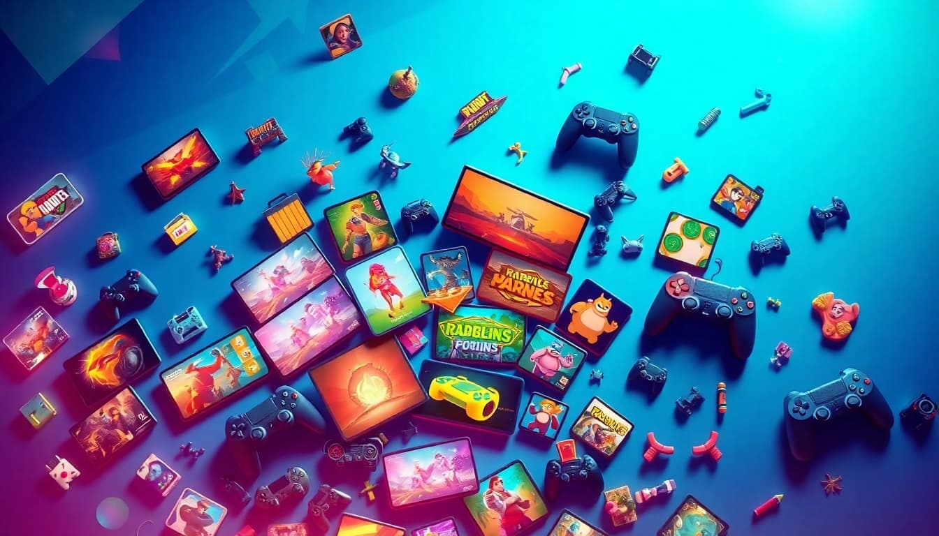 Engaging gnhust online gaming interface with vibrant icons and dynamic action scenes.