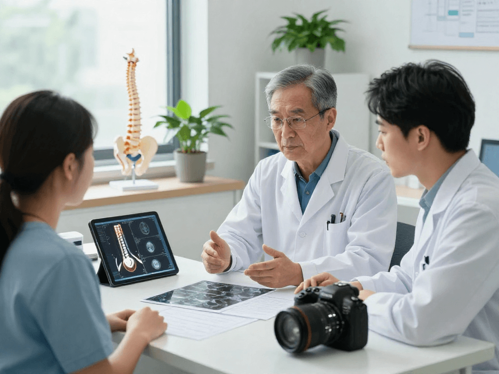 Patient discussing Boyun fıtığı ameliyatı with surgeon in a professional medical setting.