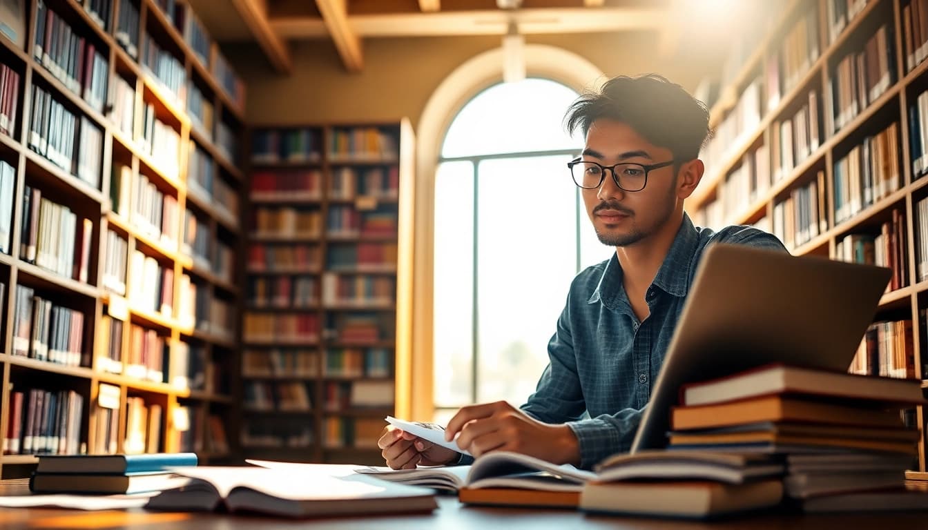 Exam support for students studying in a bright library filled with textbooks and notes.