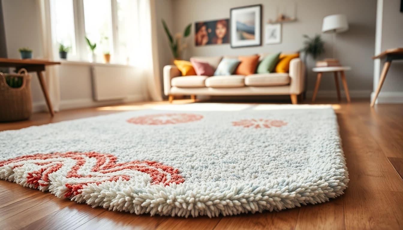 Showcase of a colorful, inviting washable rug situated in a cozy living room setting.