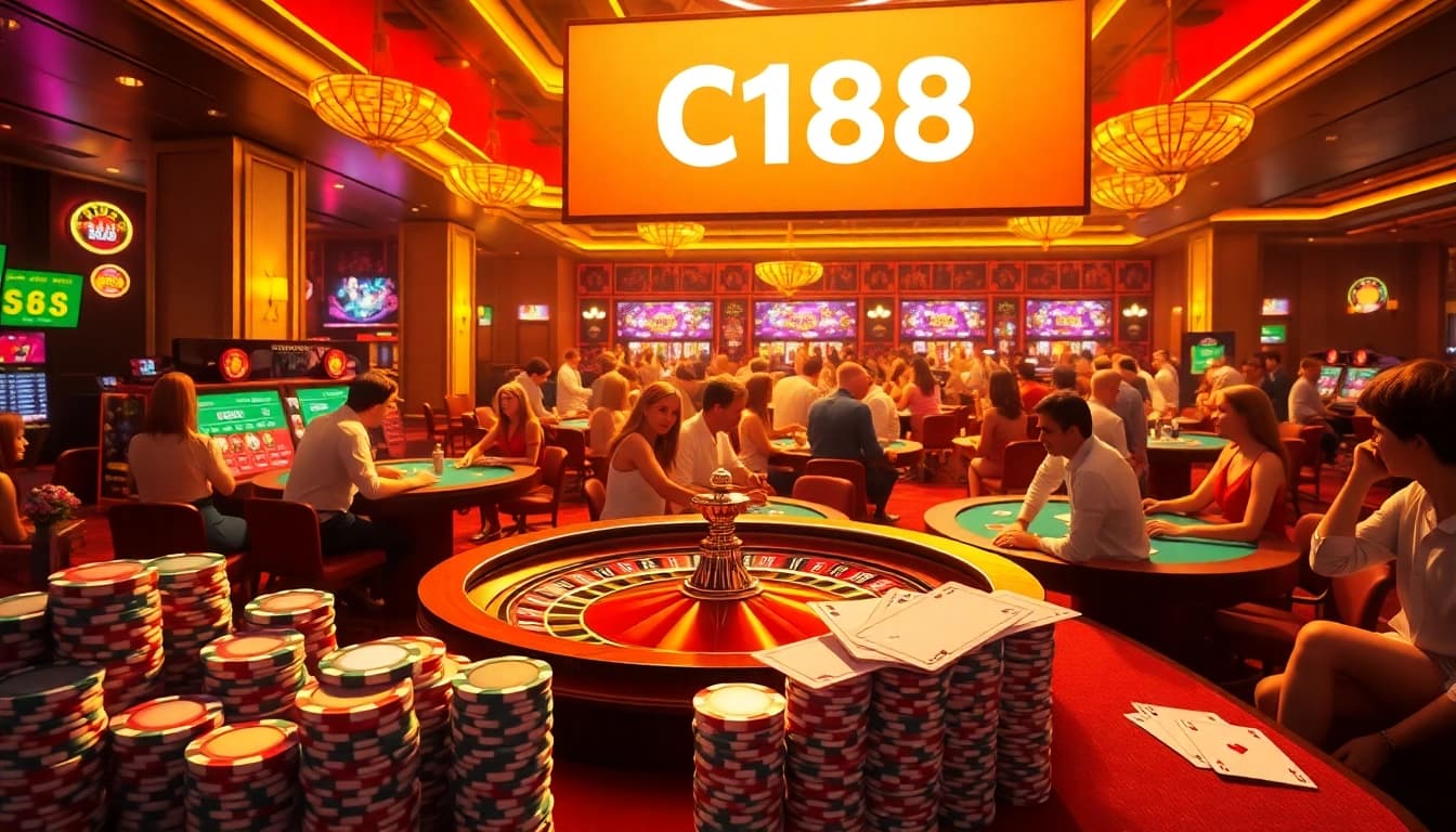 C168 shines in a vibrant casino scene with players enjoying roulette and poker activities.