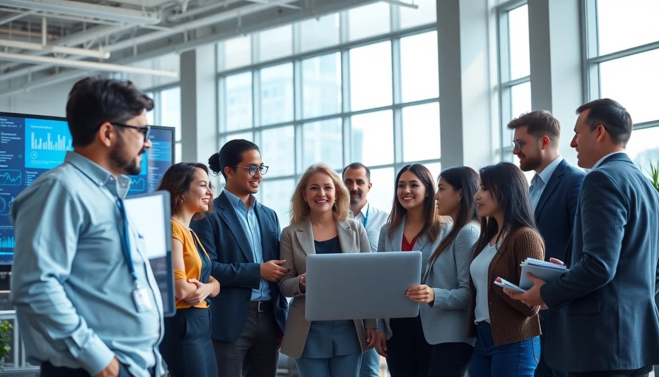 Collaborating professionals at warematch.com in a modern office setting.