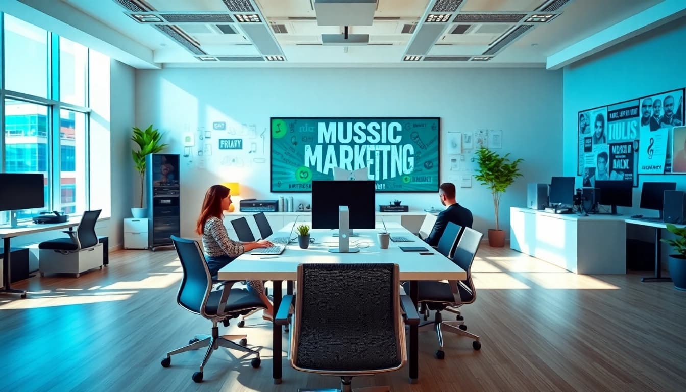 Engaged team within a vibrant music PR firm showcasing creative collaboration.