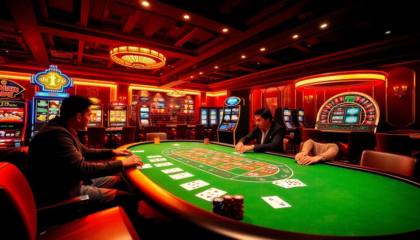 Players vying for victory at nhà cái thabet poker table amid luxurious casino ambiance.