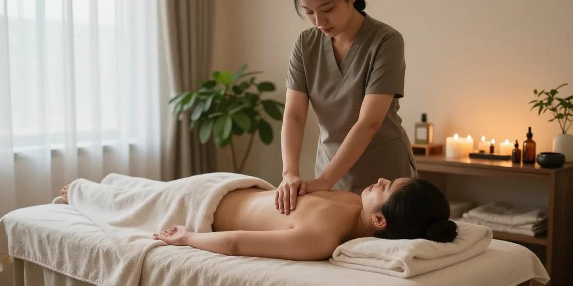 성정동마사지로 편안한 마사지 공간에서 치료사가 고객에게 스웨디시 마사지를 제공하는 모습.