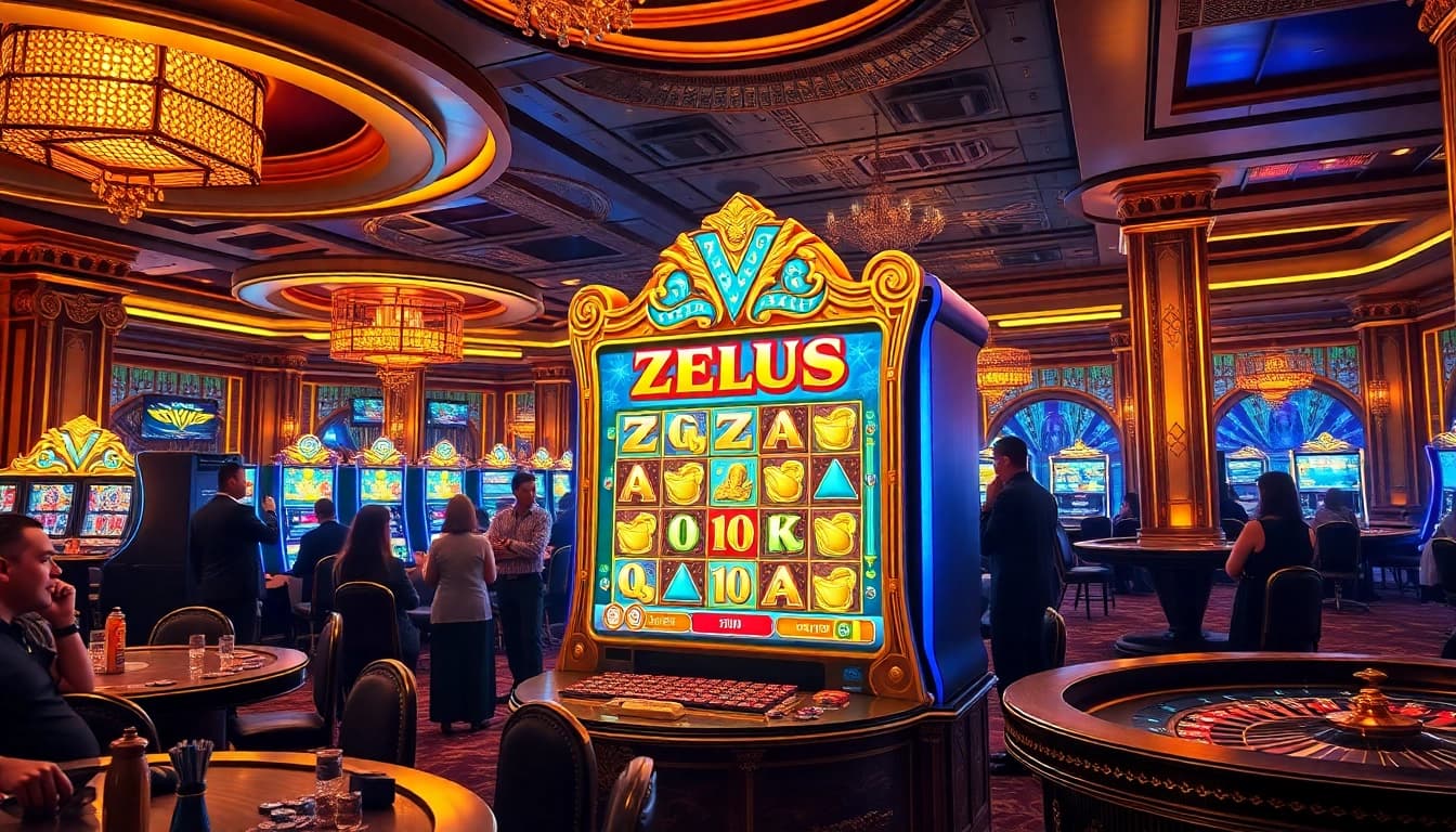 Experience the thrills of slot zeus in a vibrant casino scene with eager players and luxurious decor.