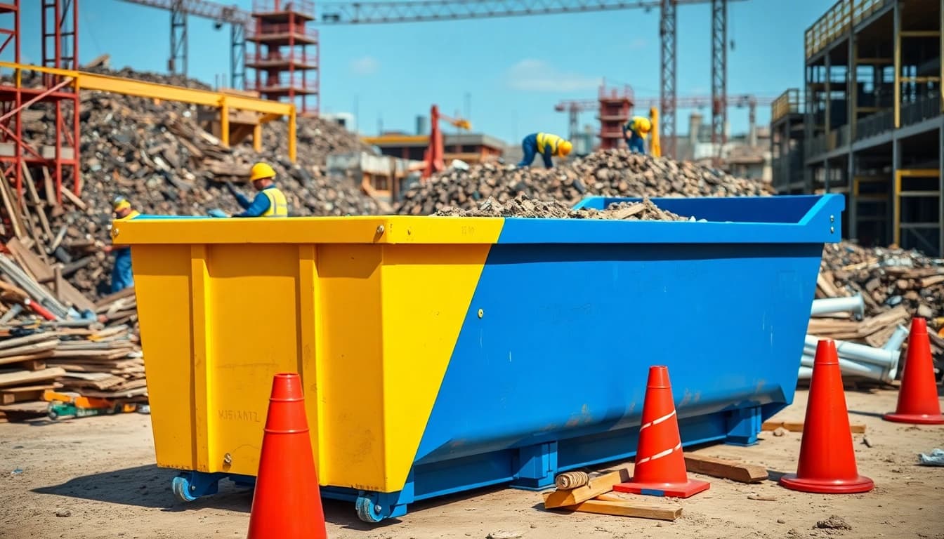 Monster Skips container at a construction site, showcasing efficient debris handling.