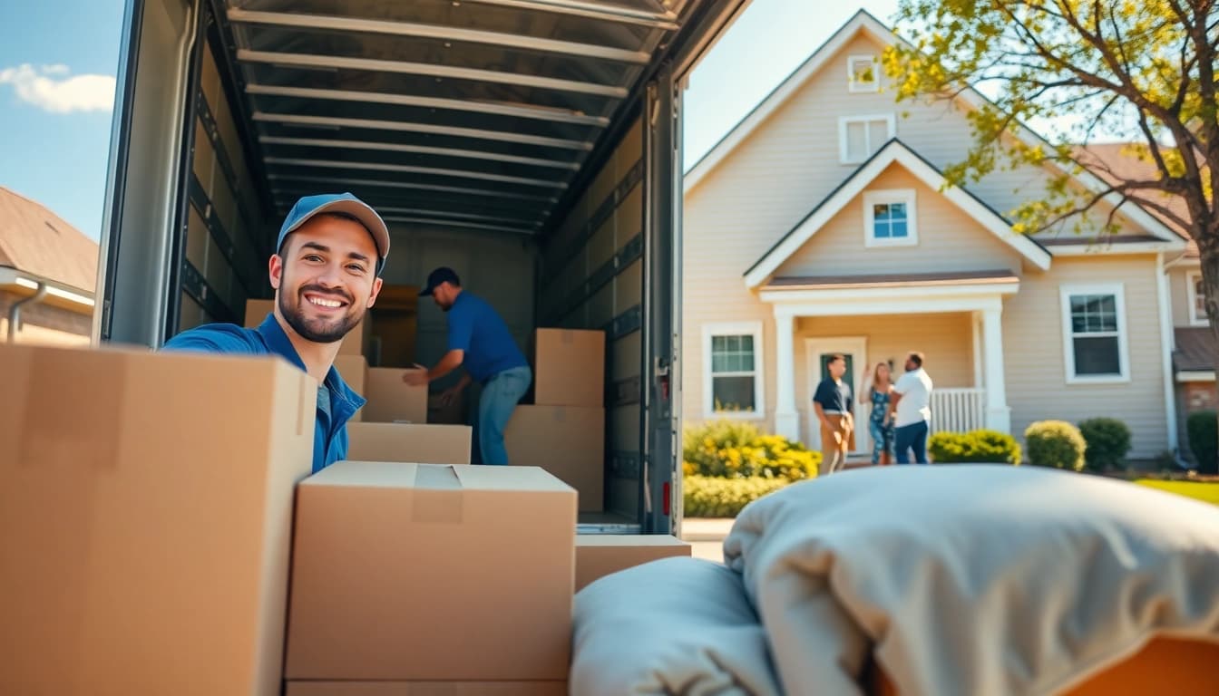 Efficient removals near me with professional movers loading a truck in a sunny residential area.