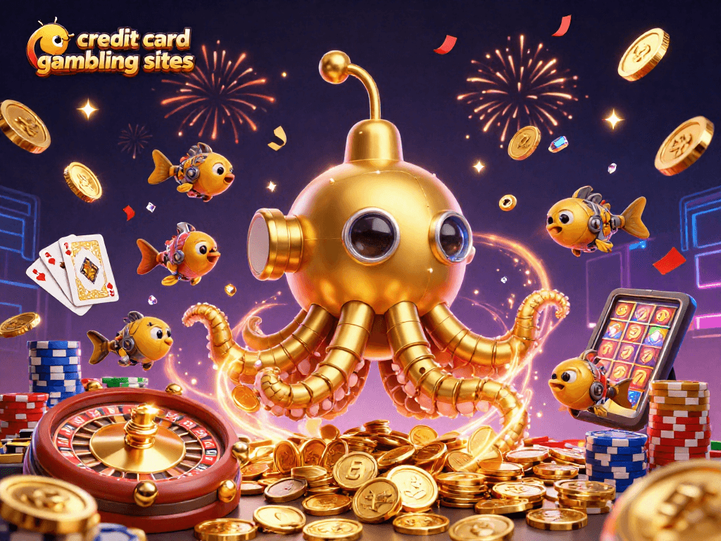 Explore top credit card gambling sites in this energetic 3D illustration of a golden kraken submarine.
