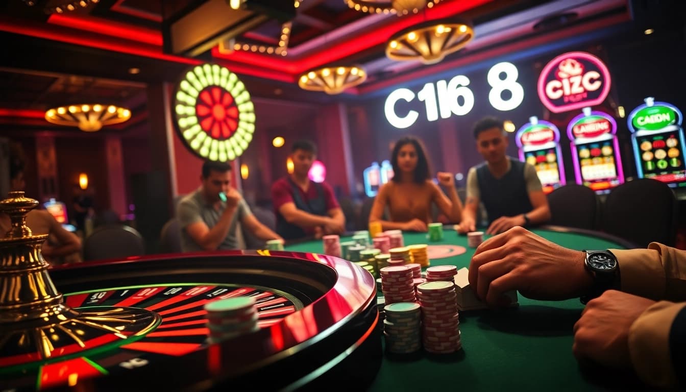 C168 entertains players in a stunning casino with roulette and poker, showcasing vibrant poker chips.