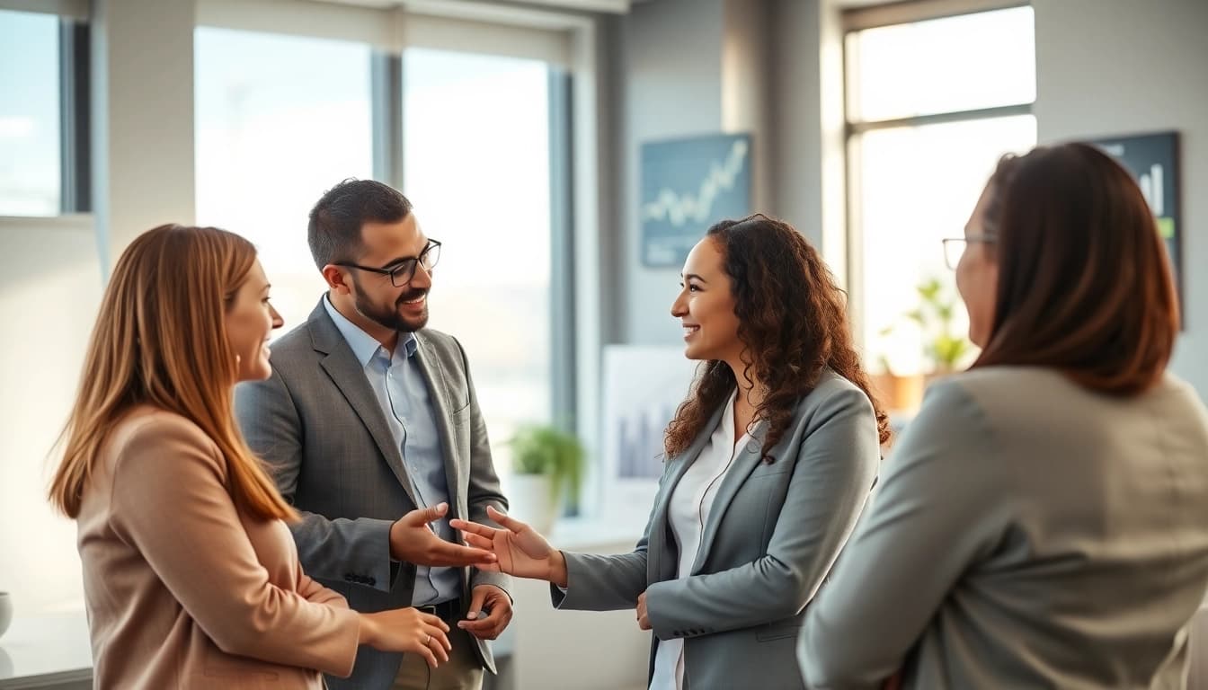 Engaged financial advisor San Antonio working with clients in a modern office setting.