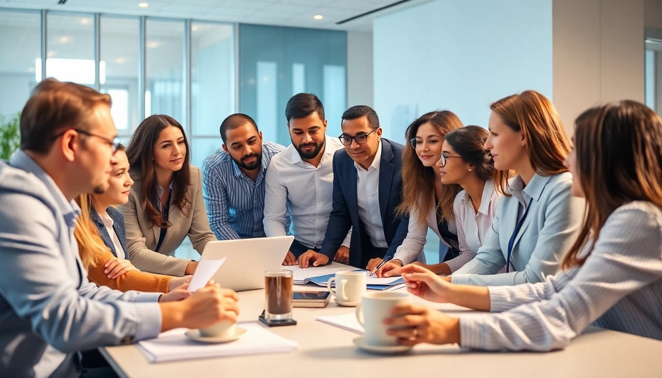Cyberdan team collaborating in a bright office, emphasizing innovation and teamwork.