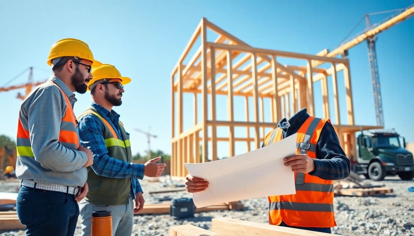 Find good builders near me actively working on a construction site with a client and equipment.