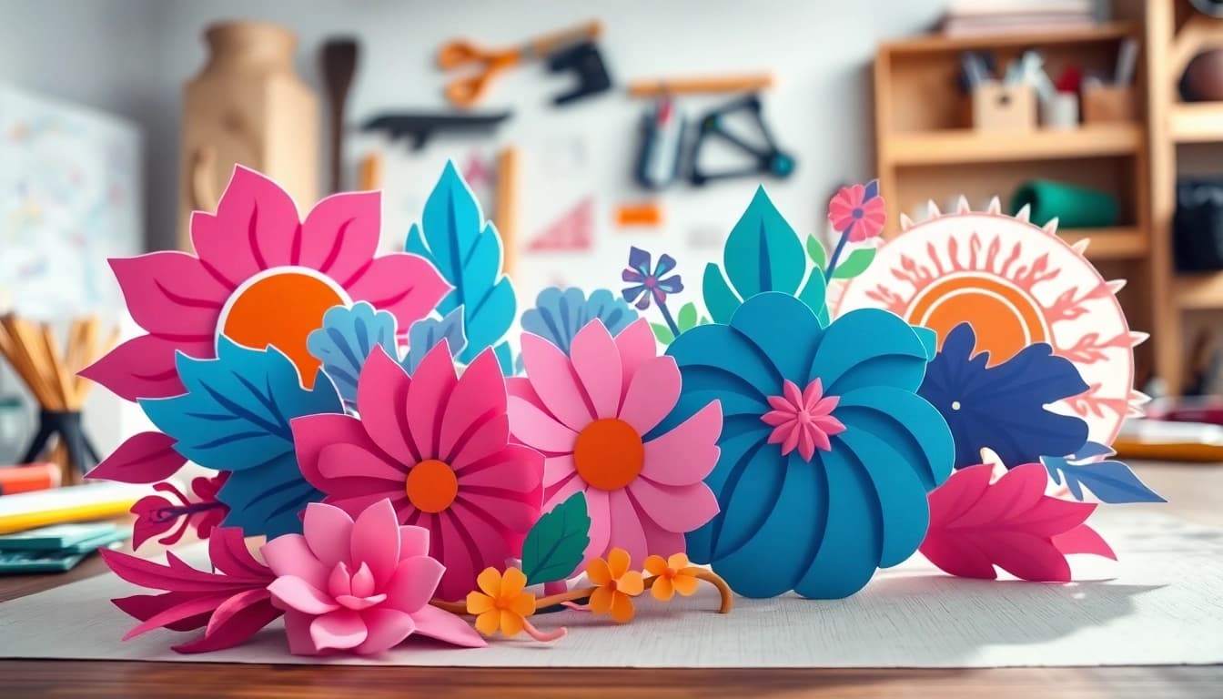 Showcase a variety of free svg designs displayed creatively on a workspace, highlighting their vibrant colors.