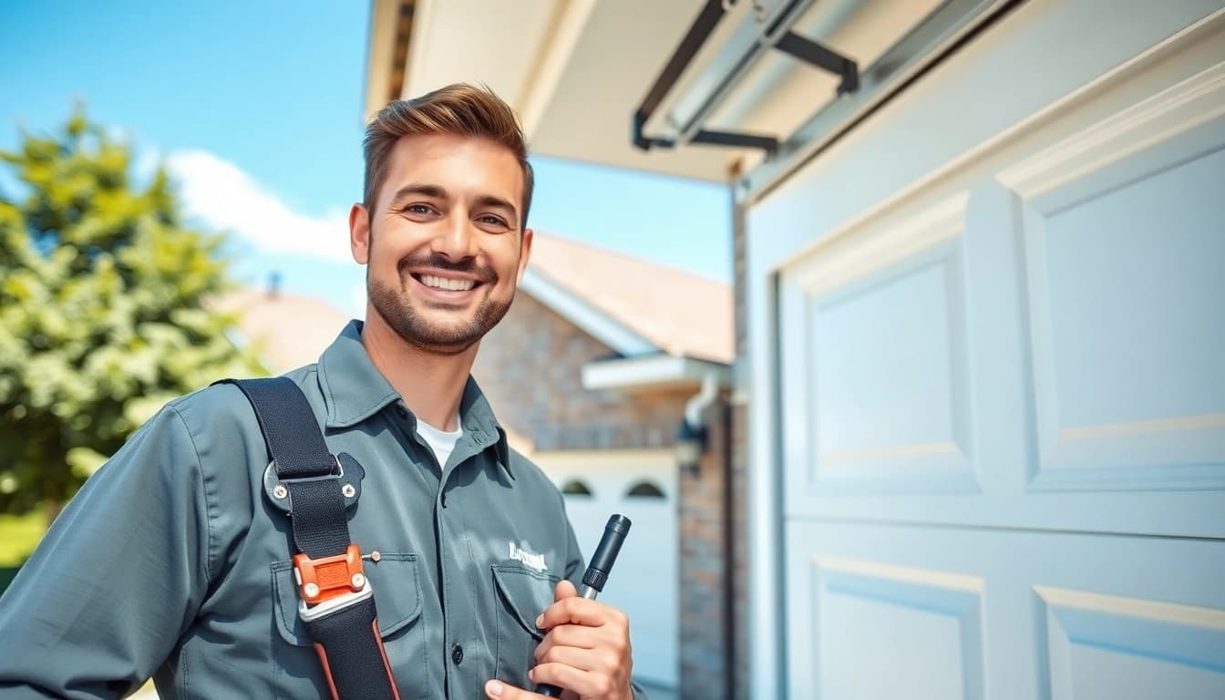 Technician performing Garage Door Repair Vancouver, Wa service on a residential garage door.