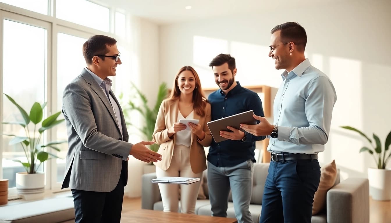 Showcase a real estate scenario with a couple engaging with an agent in a bright home setting.