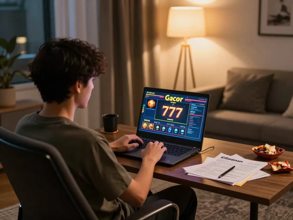 Engaging online gaming session for slot gacor 777 with a laptop shooting gameplay.