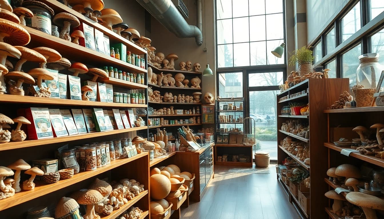 Buy psychedelics online Canada showcasing colorful mushroom products in a welcoming shop environment.