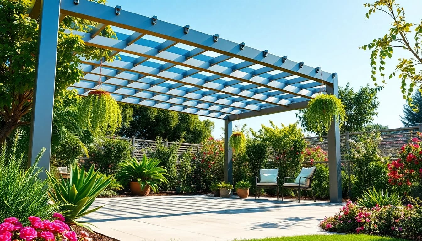 Enhance your outdoor space with a modern steel pergola surrounded by lush greenery and vibrant flowers.