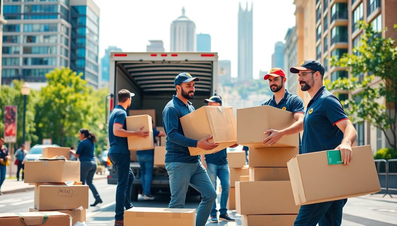 Movers and packers efficiently loading boxes into a truck in an urban cityscape.
