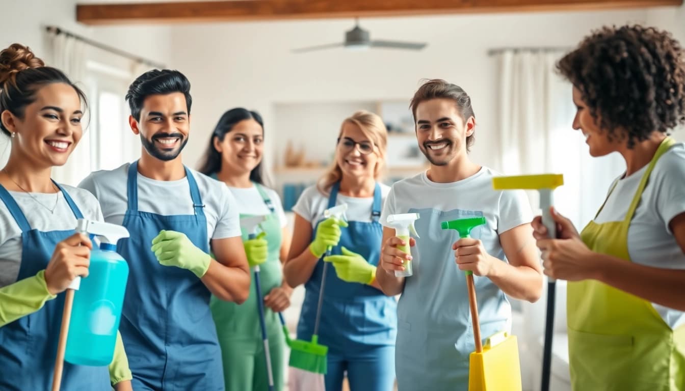 Cleaning service team efficiently cleaning a modern home, showcasing eco-friendly practices.
