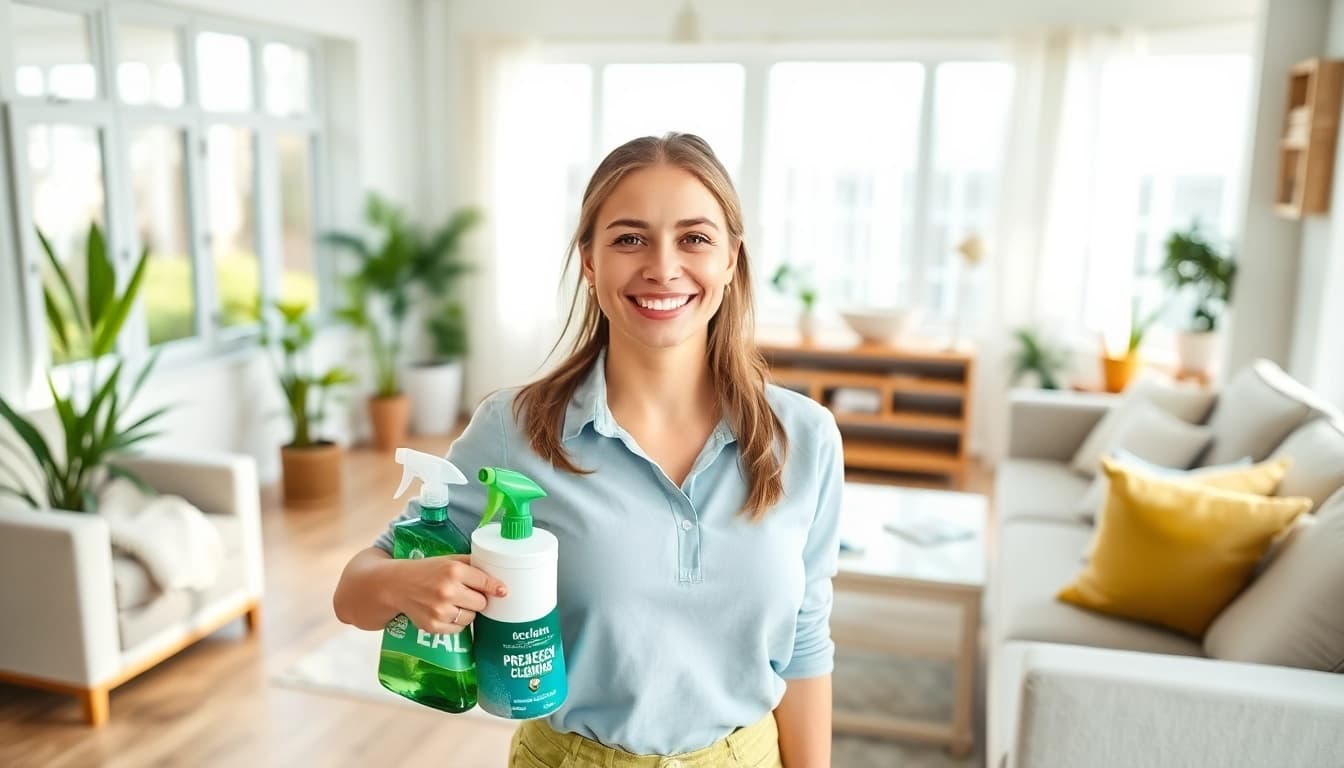 Enhance your space with a professional cleaning service, showcasing a smiling cleaner in a vibrant living room.