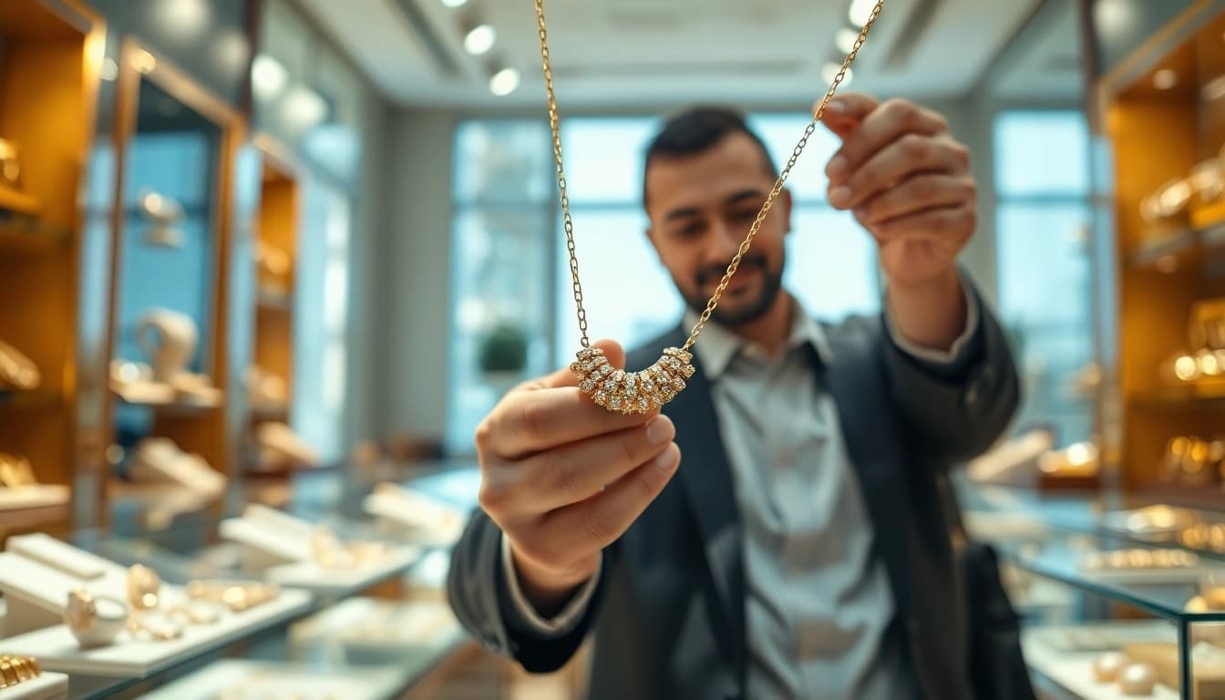 Goldankauf in der Nähe showcasing a professional gold buyer evaluating jewelry for sale.