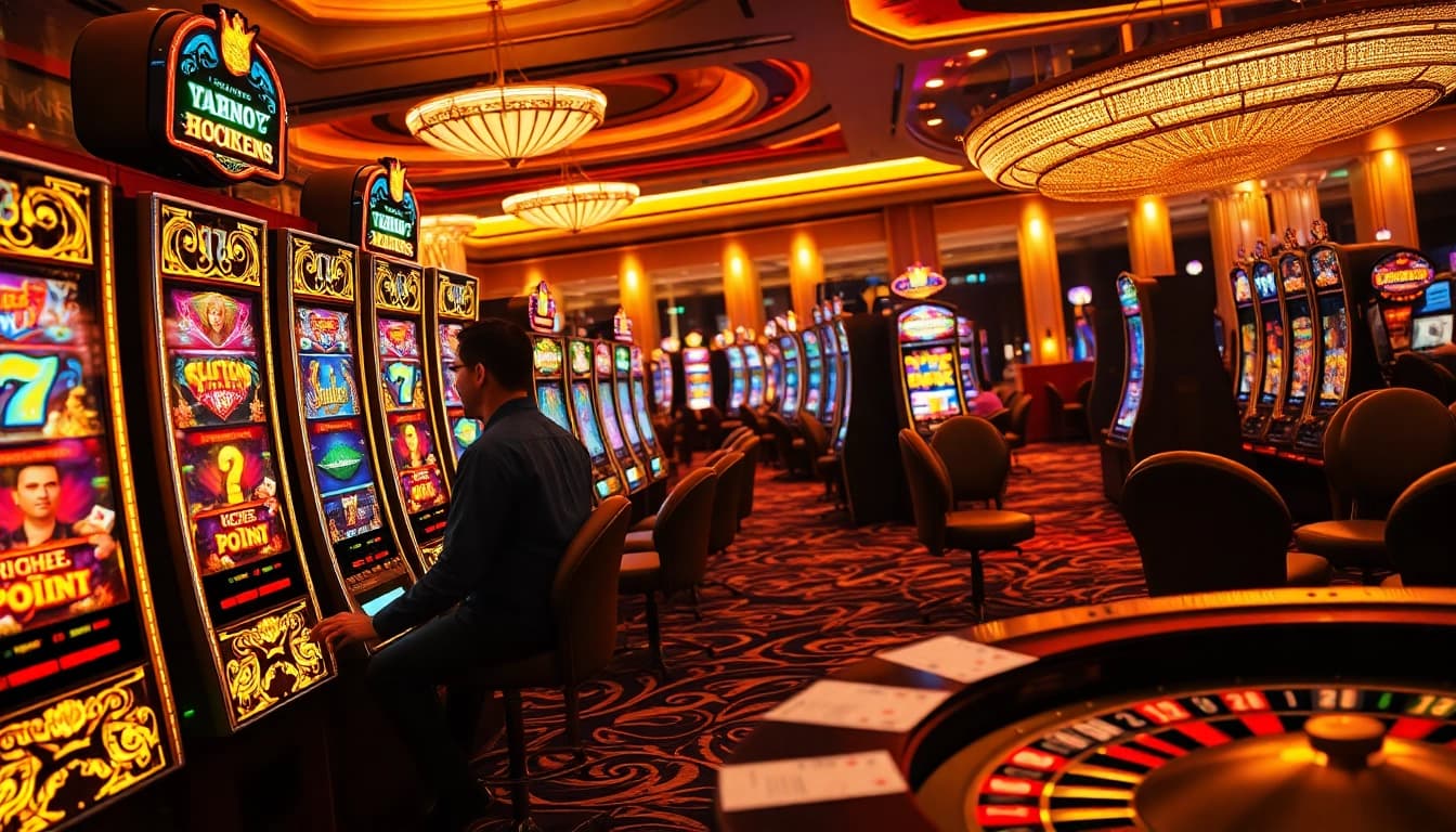 Slot machines illuminate a luxurious casino, drawing players into exciting gameplay with vibrant lights.