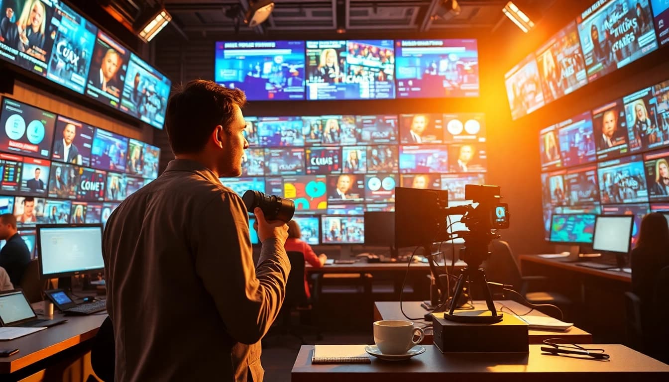 Reporters at https://www.slavicsac.com create news articles in a vibrant newsroom setting.