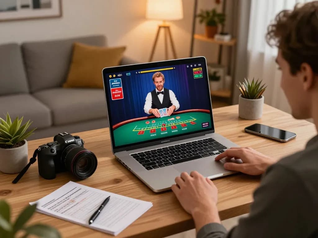 Player engaged in strategic gameplay at 678vip online casino, showcasing live dealer interaction and comfortable home setting.