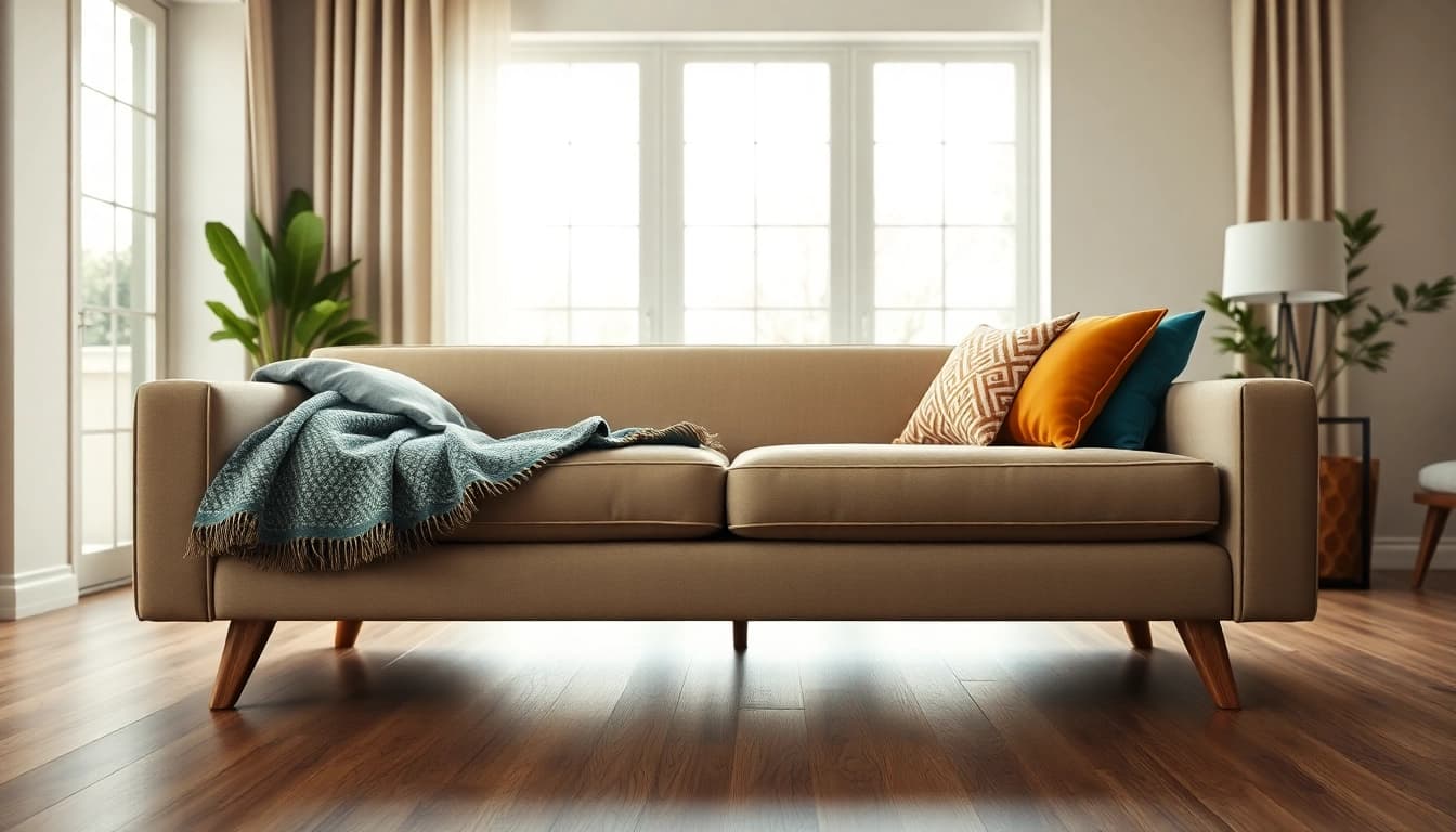 Cozy sofa bed with sleek design and soft fabric in a stylish living room.