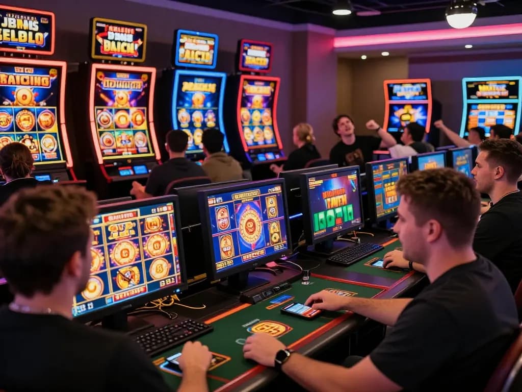 Exciting gameplay at an online casino featuring slot gacor hari ini, with players immersed in vibrant slot games and cheering for wins.