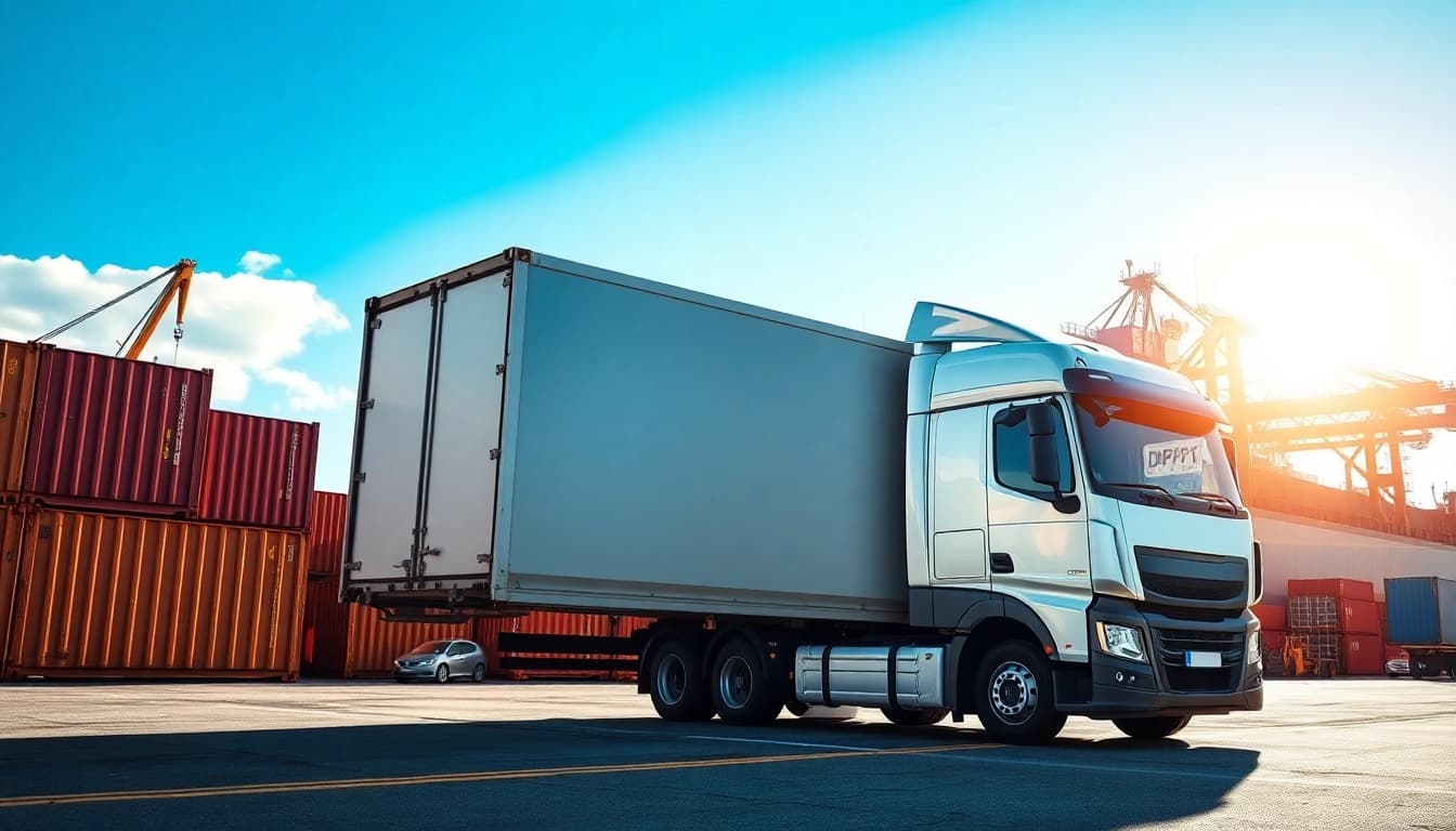 Showcasing DDPexpert delivering efficient cargo shipping solutions at a busy port.